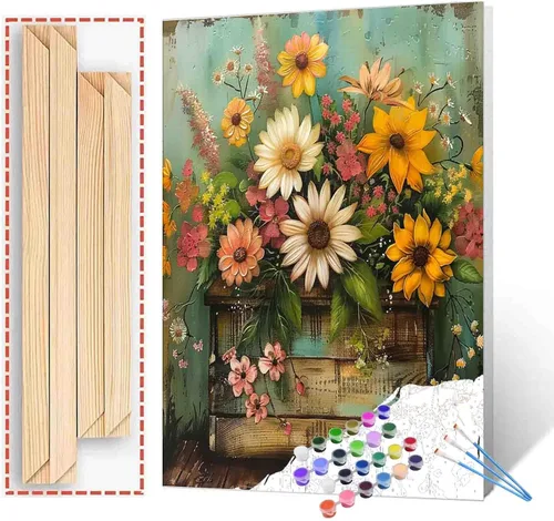 Miniatura 28 de Tucocoo Kit de pintura de lavanda por números con pinceles y pigmento acrílico sobre lienzo para adultos, diseño rústico de ventanas, arte floral