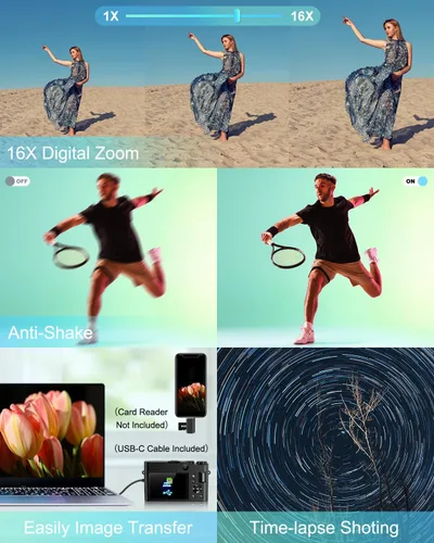 Miniatura 7 de Cámara digital 4K para fotografía, cámara de video de enfoque automático de 64 MP para YouTube con lente selfie, cámara de video compacta de viaje