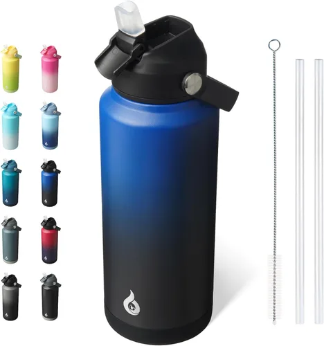 Miniatura 28 de BJPKPK - Botella de agua aislada con tapa de popote, 532 ml Botellas termo con boquilla suave, asa flexible y base antideslizante, libre de BPA, a
