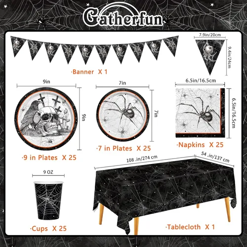 Miniatura 2 de Suministros de fiesta de Halloween con telas de araña: con temas de calavera y araña, platos de papel de tela malvada todo incluido, servilletas