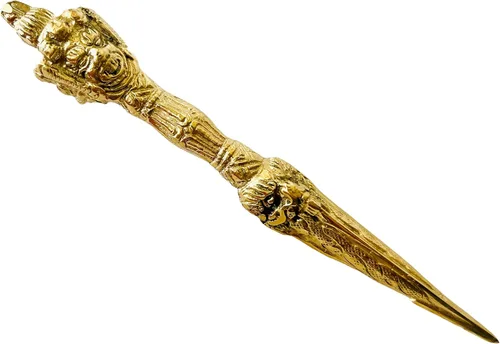 Miniatura 2 de Hecho a mano, 3 Metal Triple Cara Phurba Ritual Daga Aka Kila Tibetano Vajra Dorge Feng Shui amuleto de latón demonio Maja Vintage Phurba con soporte