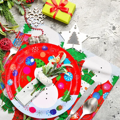 Miniatura 3 de Suministros de fiesta de Navidad Gatherfun, platos de papel desechables de muñeco de nieve para decoración de fiesta, platos y servilletas, sirven