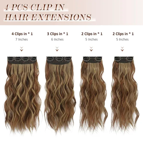 Miniatura 2 de FESHFEN Extensiones de cabello con clip - 4 piezas Extensiones de cabello sintético ondulado largo y grueso con clip para cabeza completa