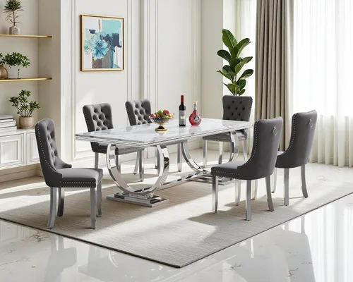 Miniatura 82 de Moderno juego de mesa de comedor de mármol sintético de 68.11 pulgadas para 6, mesa de comedor de mármol blanco y plateado con 6 sillas de Blanco