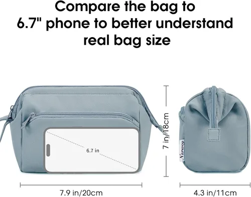Miniatura 4 de Narwey - Bolsa grande de maquillaje con cremallera de apertura completa, organizador de cosméticos de viaje para mujeres y niñas, Azul grisáceo.