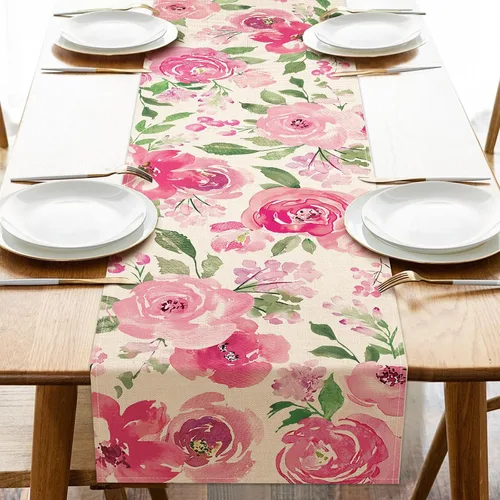 Miniatura 9 de Seliem Camino de mesa de flores florales amarillas primaverales, peonía rosa, acuarela, decoración de mesa de comedor, arpillera de verano