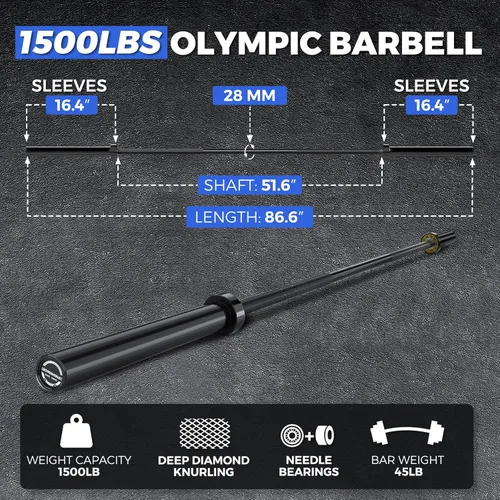 Miniatura 2 de Barra olímpica de 7 pies, capacidad de 1500 libras, carga de 45 libras, disponible para ejercicios en el gimnasio y en casa, levantamiento de pesas