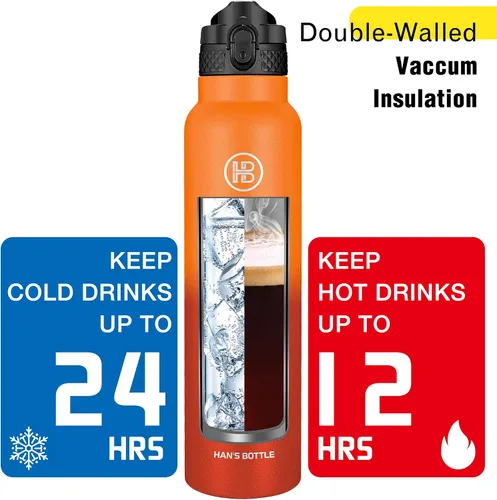 Miniatura 6 de Han's Bottle Botella de agua deportiva de 32 onzas, tapa con pajilla, a prueba de fugas, acero inoxidable aislado al vacío, doble pared, taza Fuego