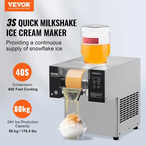 Miniatura 2 de VEVOR Máquina Comercial de Hielo en Copos, 176.4LBS/24H Fabricadora de Hielo en Copos, Máquina Raspadora de Hielo de Acero Inoxidable, Fabricadora