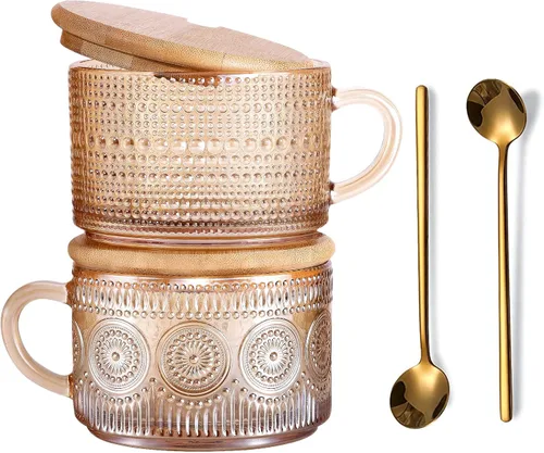 Juego de 2 tazas de café de vidrio vintage, color ámbar, tazas de té en relieve con tapas y cucharas de bambú, tazas de desayuno de vidrio de 14