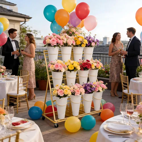 Miniatura 5 de Soporte de exhibición de flores de 3 niveles, soporte móvil de metal para plantas con 12 cubos, carrito de flores con ruedas, adecuado
