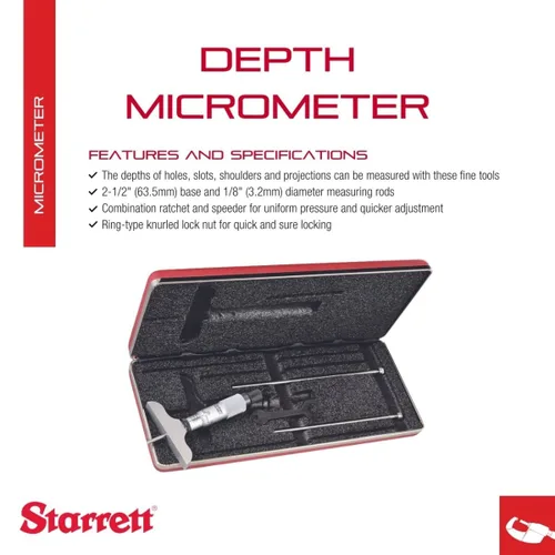 Miniatura 2 de Starrett Medidor de profundidad micrómetro con tuerca de bloqueo moleteada tipo anillo, trinquete combinado y acelerador - Ajuste rápido y fácil