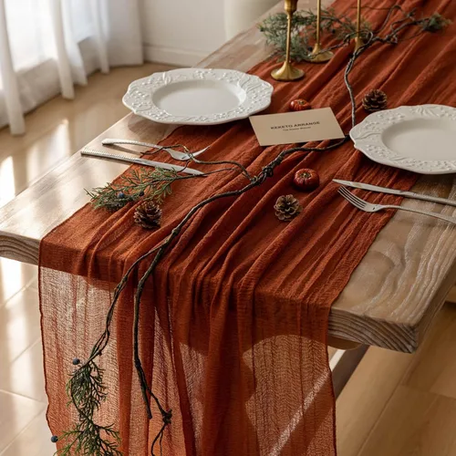 Keketo - Caminos de mesa rústicos de gasa traslúcida color terracota, 120 pulgadas y 10 pies, tela de queso color naranja quemada para decoración de