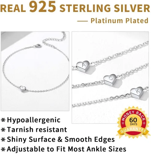 Miniatura 5 de ChicSilver Tobilleras de plata de ley 925 con iniciales para mujer, delicada pulsera de tobillo de corazón de playa, joyería de pie ajustable