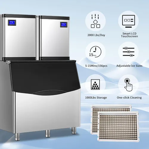 Miniatura 3 de Máquina comercial para hacer hielo de 2000 libras/24 horas, máquina de hielo automática de 220 V con almacenamiento de 1000 libras, control LED