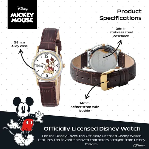 Miniatura 3 de Disney Mickey Watch - Watch for Women - Mickey Mouse Watches for Women Toys - 90s Mouse - Vintage - Articulating Hands - Gold Case - Brown Leather