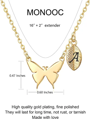Miniatura 4 de MONOOC - Collar de mariposa para mujeres y niñas, chapado en oro de 14 quilates, delicado collar con dije de mariposa, collar con inicial, lindo