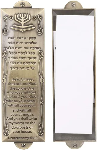 Miniatura 6 de BRTAGG Funda para mezuzah con cinta de doble cara, 5.5 pulgadas de alto, escritura española y hebrea, bronce, cubierta de mezuzá fácil de despegar