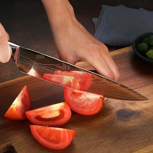 Miniatura 5 de Juego de 8 cuchillos japoneses SENKEN con mango de resina púrpura y patrón láser damasceno - Colección Amatista - Cuchillo de chef, cuchillo