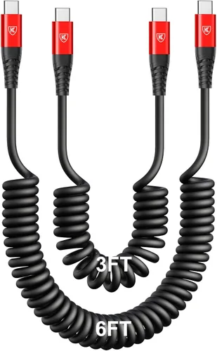 Miniatura 9 de Cable USB C a C de 3 pies, paquete de 2 cables de carga USB C en espiral para automóvil tipo C, cable de carga rápida para iPhone