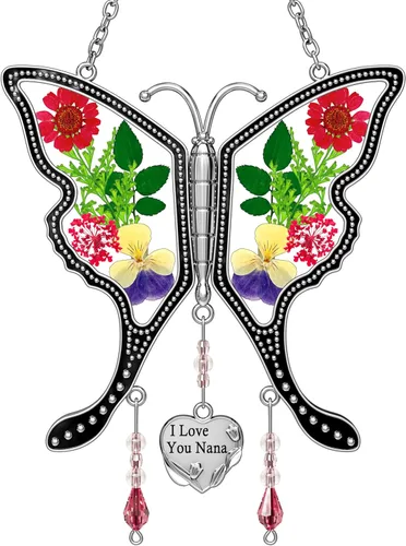 Miniatura 14 de KY&BOSAM Atrapasoles de mariposa con texto en inglés "I Love You Sister" para ventanas con flores secas y prensadas reales, dije de corazón grabado