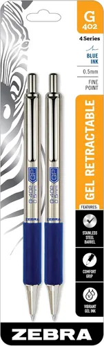 Bolígrafos de gel Zebra Pen G-402, paquete de 2 unidades, tinta azul, punta fina de 0.5 mm, barril de acero inoxidable, cómodo agarre de goma, clip