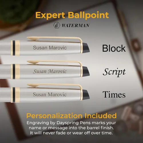 Miniatura 3 de Waterman Bolígrafo Expert, acero inoxidable cepillado con borde dorado, grabado láser personalizado, tinta negra, caja de regalo oficial de WATERMAN