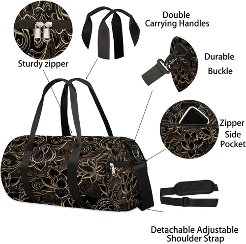 Miniatura 6 de Bolsa de lona con correa de hombro desmontable, lujosa bolsa de gimnasio deportiva de flor de loto para estudiantes, bolsa deportiva de 17.6 x 9 x 9