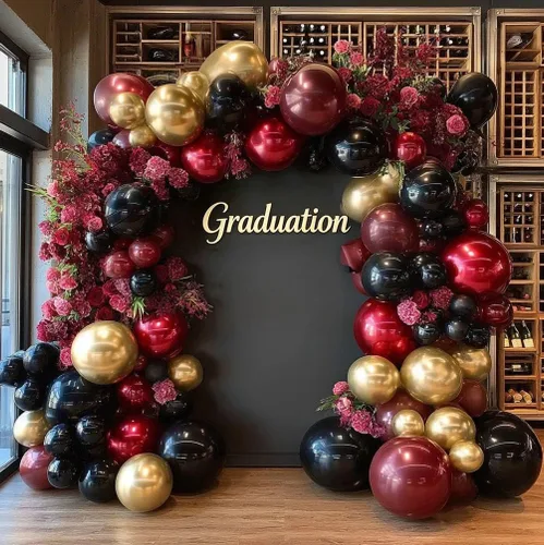 Miniatura 7 de Guirnalda de globos de color burdeos y negro con doble relleno, color rojo oscuro, dorado, granate y negro, kit de arco de globos para cumpleaños