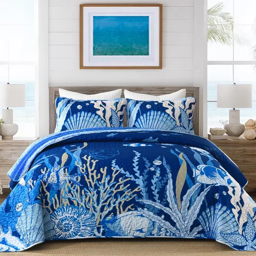 Miniatura 18 de DJY Beach Quilt Set Queen Size,3 Piece Coastal Ocean Summer Bedspread Coverlet Set with 2 Pillow Cases Lightweight Soft Microfiber Nautical Bedding