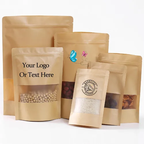 50 bolsas de papel kraft personalizadas con ventana, bolsas personalizadas con cierre de cremallera, bolsas de almacenamiento de alimentos, bolsas