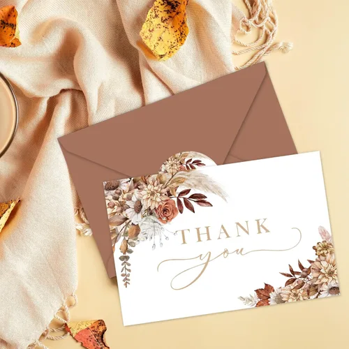 Miniatura 3 de AnyDesign Tarjetas de agradecimiento florales boho de otoño a granel, paquete de 24 tarjetas de felicitación de flores de acuarela con sobres