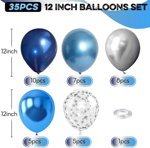 Miniatura 2 de Juego de globos azules y plateados, globos azules y plateados de 12 pulgadas, globos de látex azul marino oscuro y confeti para fiesta, globo mixto
