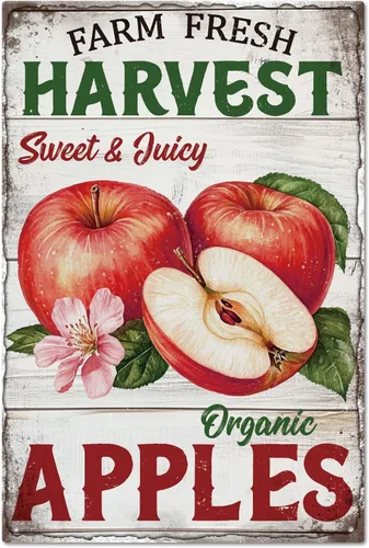 GLOBLELAND Letrero de metal con texto en inglés "Farm Fresh Harvest" de manzanas, letrero vintage de metal con frutas, 12 x 8 pulgadas, divertido