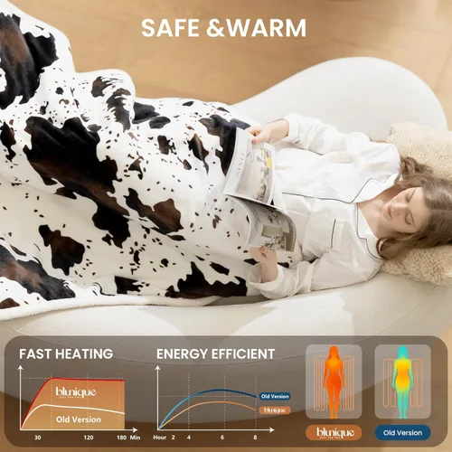 Miniatura 3 de Manta térmica con estampado de vaca, manta eléctrica, manta térmica con 10 niveles de calor y 10 horas de apagado automático, acogedora y suave