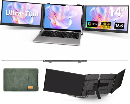 Extensor de pantalla triple para laptop, 2.2 libras 14 pulgadas FHD ultra ligero, múltiples monitores portátiles ultrafinos conectables para