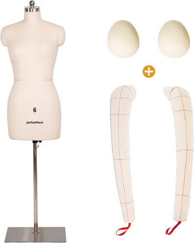 Miniatura 2 de Maniquí de costura femenino con brazos, talla 6, forma de vestido profesional para exhibición y diseño a medida, torso ajustable en altura con base