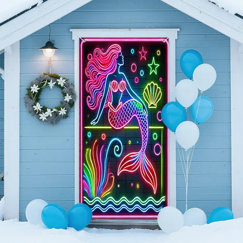 Miniatura 8 de IVN Cubierta para puerta de cóctel de neón, póster de luz LED, diseño de palmera y paraguas con rodaja naranja, vibrante brillo de neón de 12 x 18