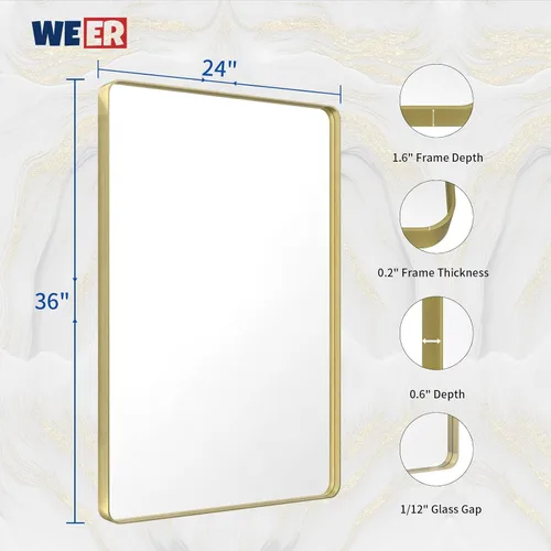 Miniatura 6 de WEER - Espejo de baño dorado, espejo de marco de metal dorado cepillado de 24x36 pulgadas, espejo de baño de tocador dorado de forma rectangular