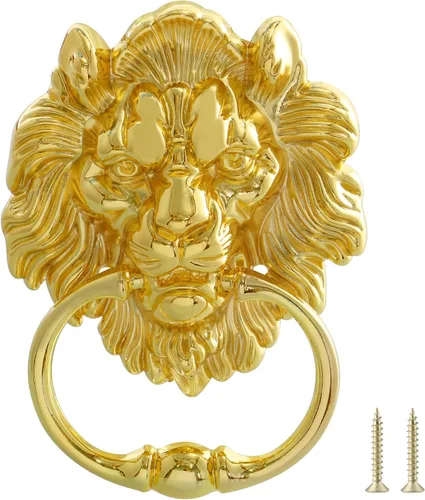 MOLIGOU Aldaba de puerta con cabeza de león, aldaba decorativa para puerta delantera de 6 pulgadas, manija de anillo de puerta de león antiguo Dorado