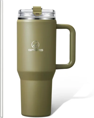 Miniatura 8 de Gpeng 30/40/50 oz Vaso con asa, botellas de agua con tapa de popote, taza de viaje de acero inoxidable aislada compatible con portavasos, mantiene