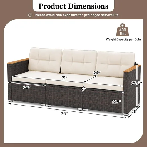 Miniatura 3 de Tangkula Sofá de mimbre para patio de 3 plazas, juego de muebles de ratán de 3 plazas con reposabrazos de madera de acacia y cojín grueso, sofá