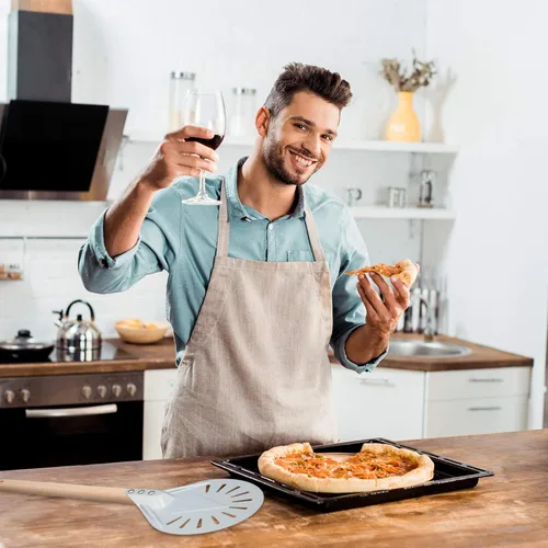 Miniatura 7 de Pala giratoria de pizza perforada redonda de metal de aluminio con mango de madera antideslizante y duradero de 16 pulgadas para panaderos caseros