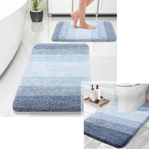 OLANLY Alfombra de baño y aseo en forma de U, tamaño 24 x 20 pulgadas, juego de alfombras de baño de 30 x 20 + 24 x 16 pulgadas, color azul, paquete