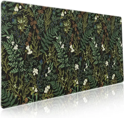 Miniatura 19 de Alfombrilla de mouse negra estética vintage para juegos botánicos, extendida, bonita planta verde bosque, naturaleza, floral, grande