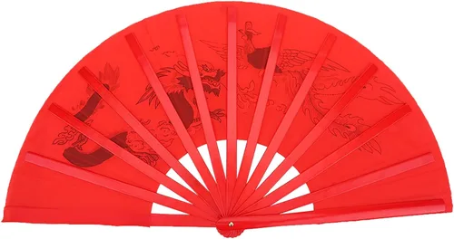 Miniatura 6 de Tbest Ventilador chino rojo, ventilador plegable de mano rojo, ventilador de lucha de artes marciales, danza, dragón de bambú + ventilador de mano