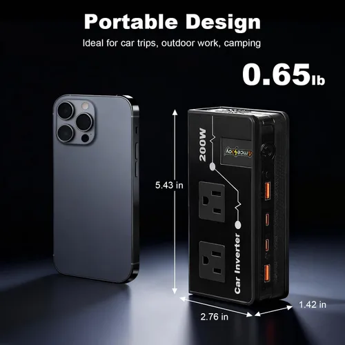 Miniatura 3 de Inversor de corriente para automóvil de 200 W, adaptador de salida de automóvil dual DC de 12 V a 110 V CA a enchufe de pared, carga rápida de 24 W