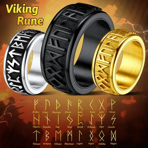 Miniatura 4 de FaithHeart Anillo de runas giratorias vikingas nórdicas de acero inoxidablechapado en oro, anillos giratorios para hombres y mujeres, puede grabado