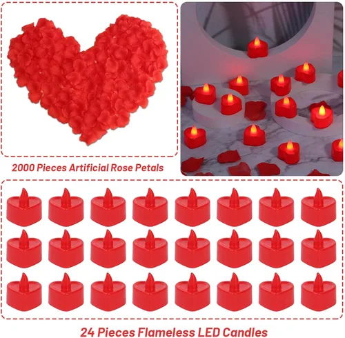 Miniatura 3 de Cridoz - Pétalos de rosa artificiales para noche romántica - Pétalos de rosa roja artificiales con velas LED para decoración, boda, día de San Rojo