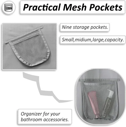 Miniatura 2 de Mrs Awesome Cortina de Ducha de Tela Gris o Forro con 9 Bolsillos de Malla, 72 x 72 pulgadas, Impermeable, Lavable y con Ojales Resistentes al